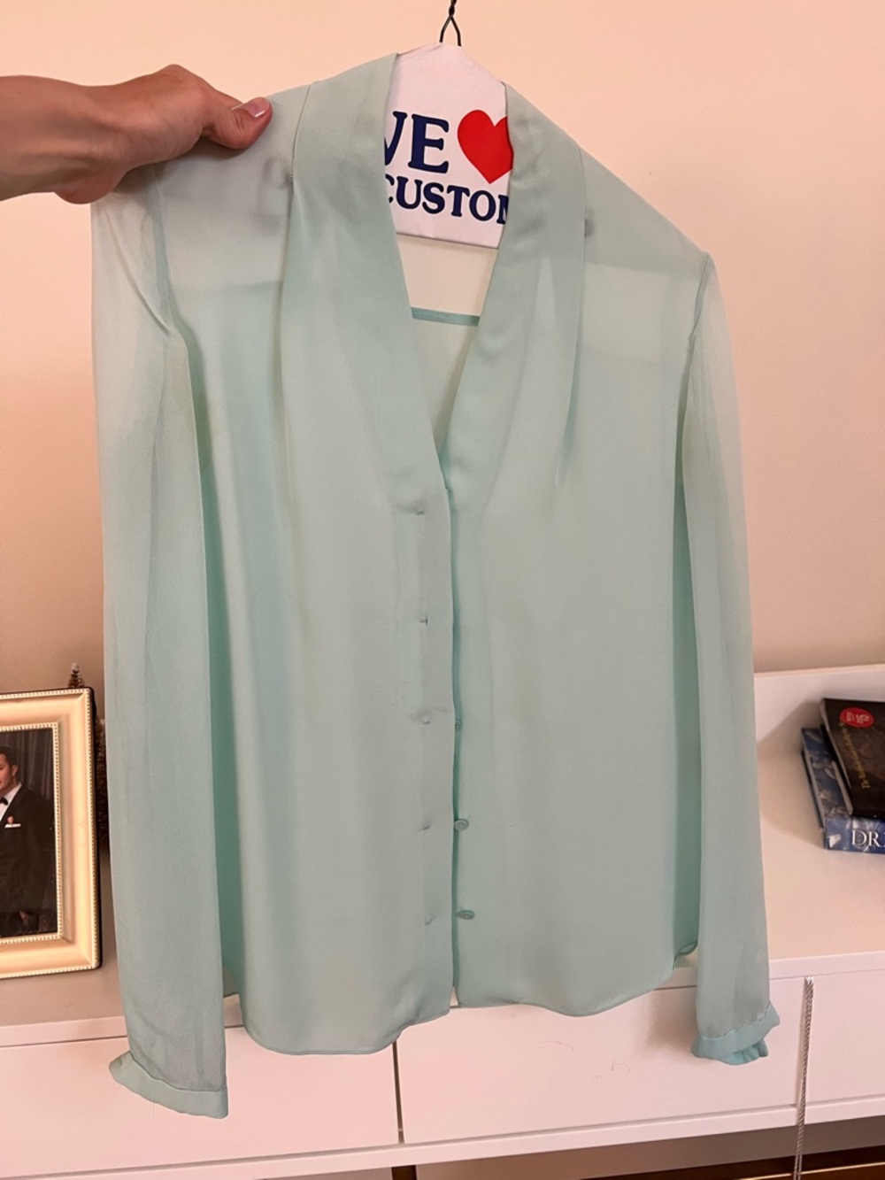 Light Mint Green Button-Front Silk Blouse